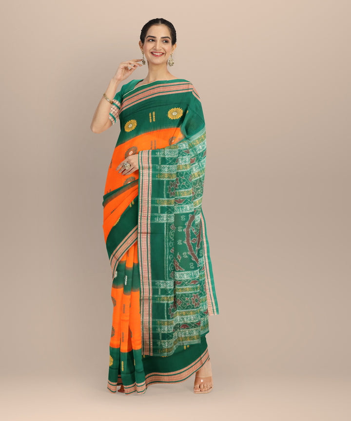Orange dark green cotton handloom sonepur saree