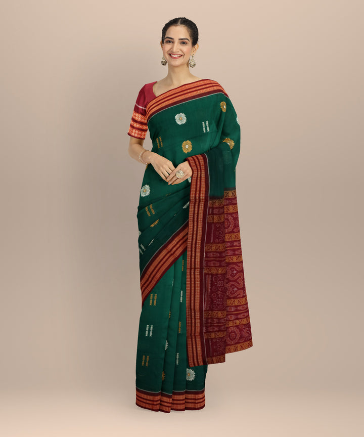 Dark green maroon cotton handloom sonepur saree