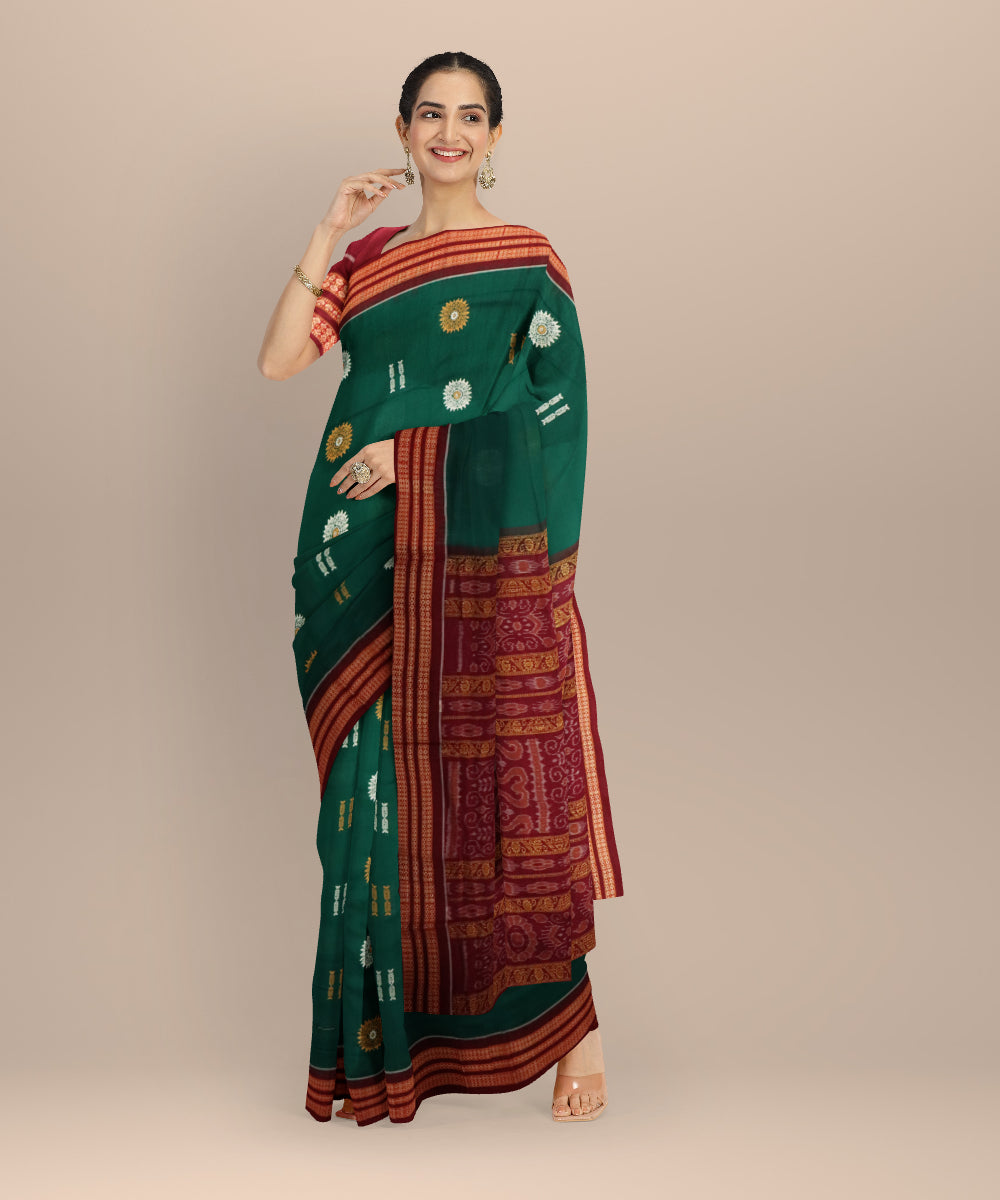 Dark green maroon cotton handloom sonepur saree