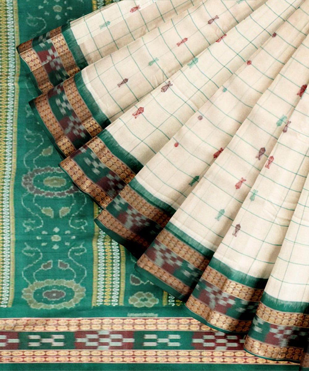 White dark green cotton handloom sonepur saree