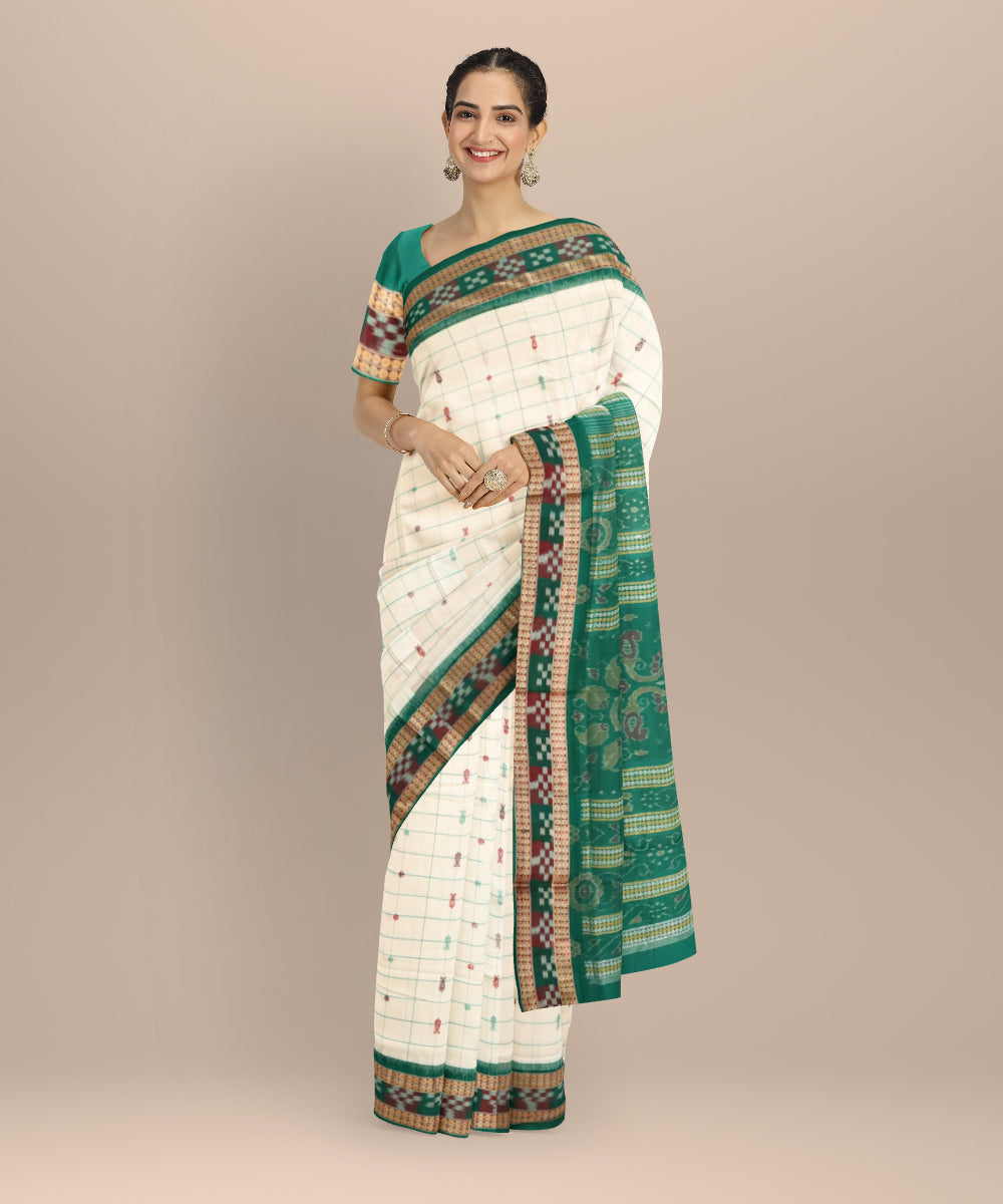 White dark green cotton handloom sonepur saree