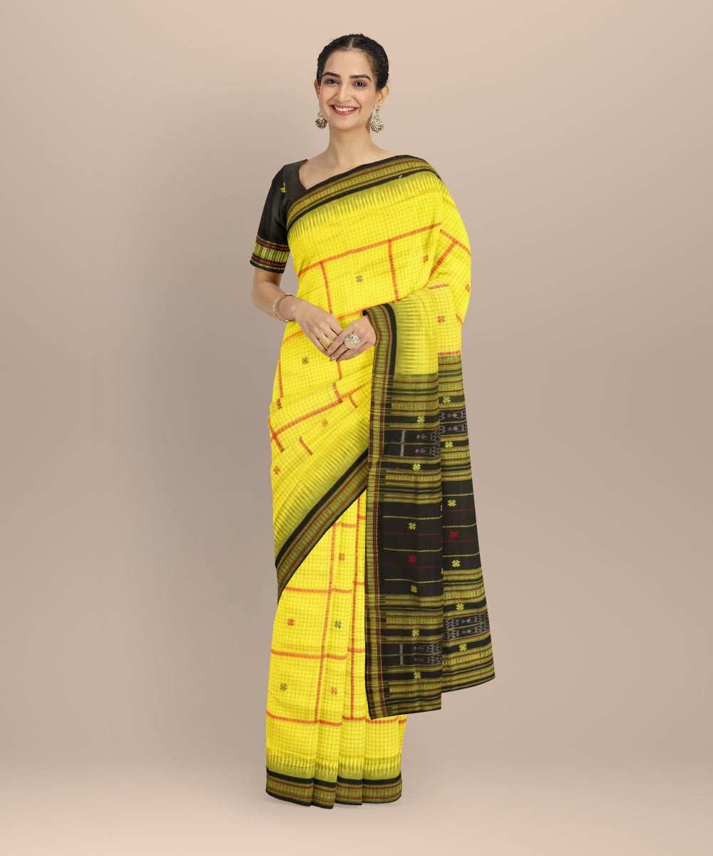 Yellow black cotton handloom sonepur saree