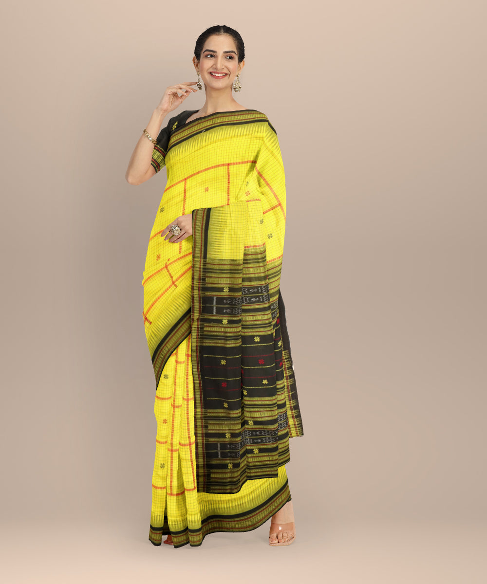 Yellow black cotton handloom sonepur saree