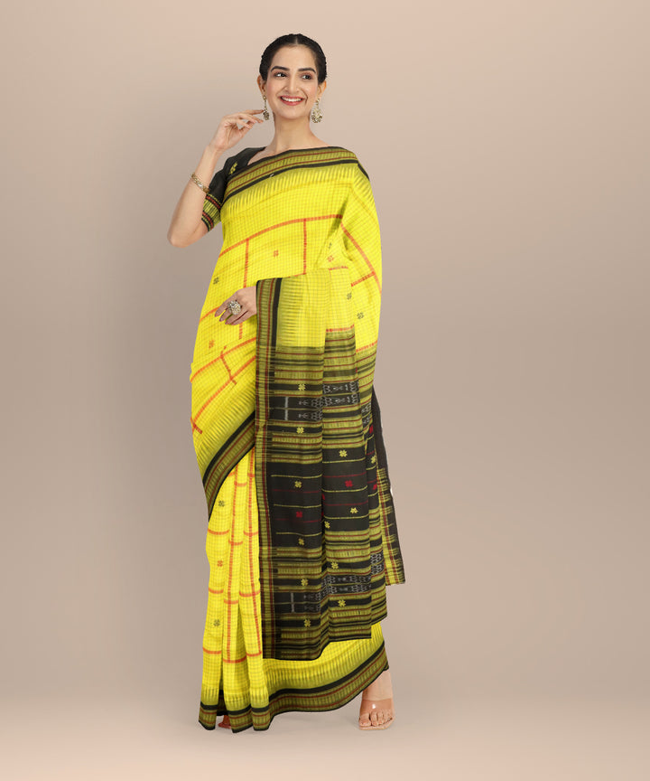 Yellow black cotton handloom sonepur saree
