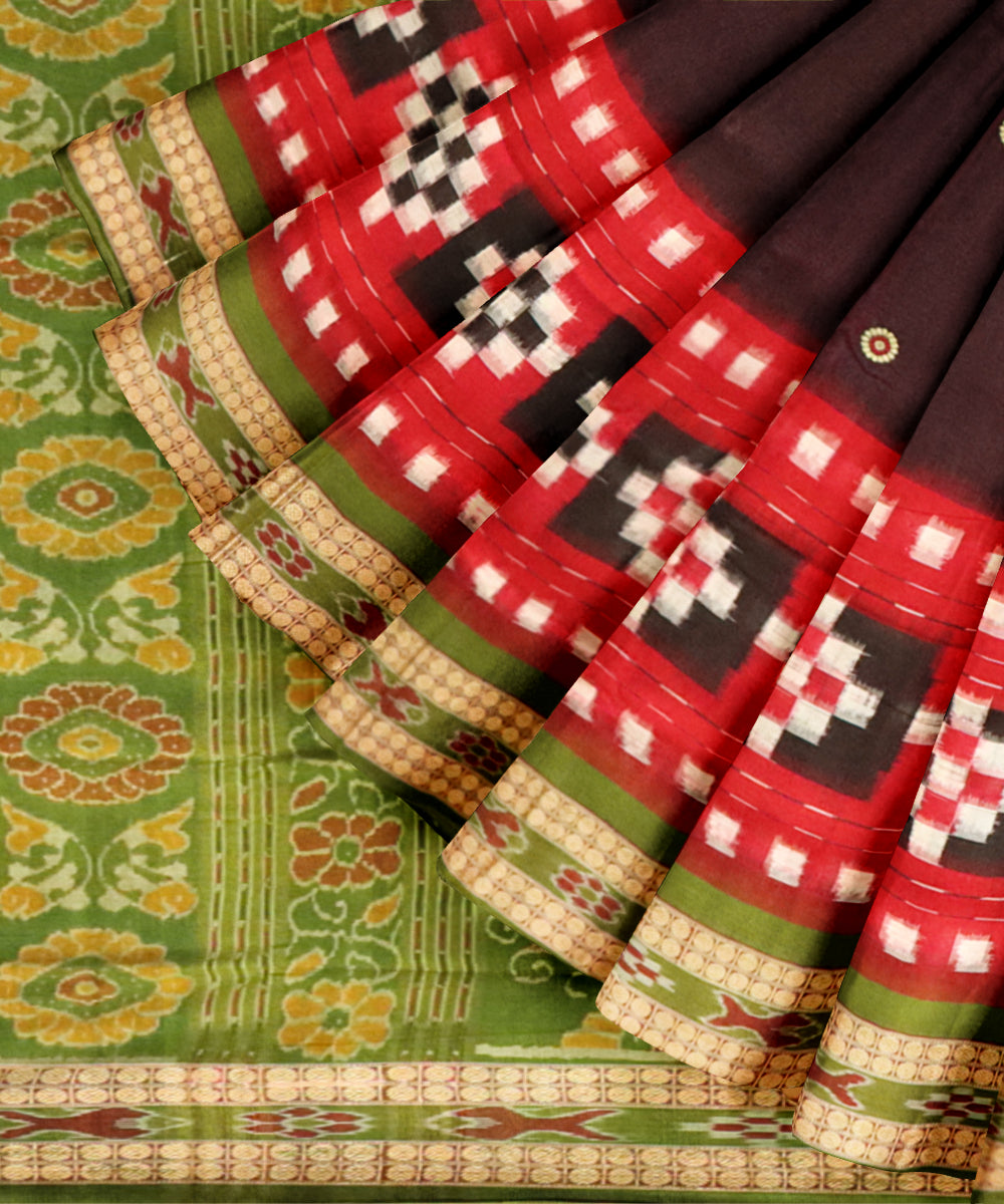 Maroon dark olive green cotton handloom sambalpuri saree
