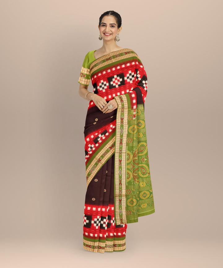 Maroon dark olive green cotton handloom sambalpuri saree
