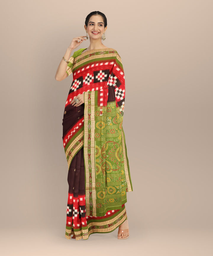 Maroon dark olive green cotton handloom sambalpuri saree