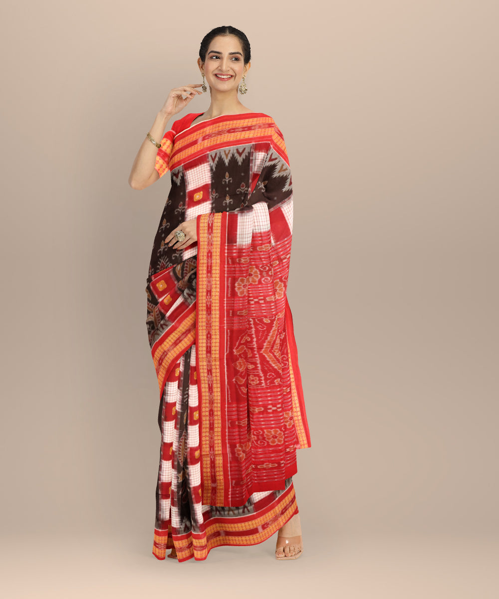 Multicolor carmine cotton handloom sambalpuri saree