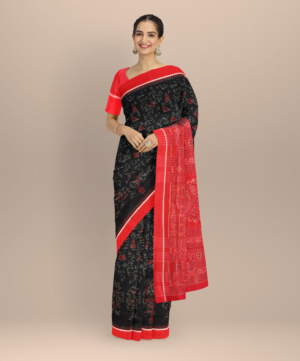 Black dark red cotton handloom sambalpuri saree