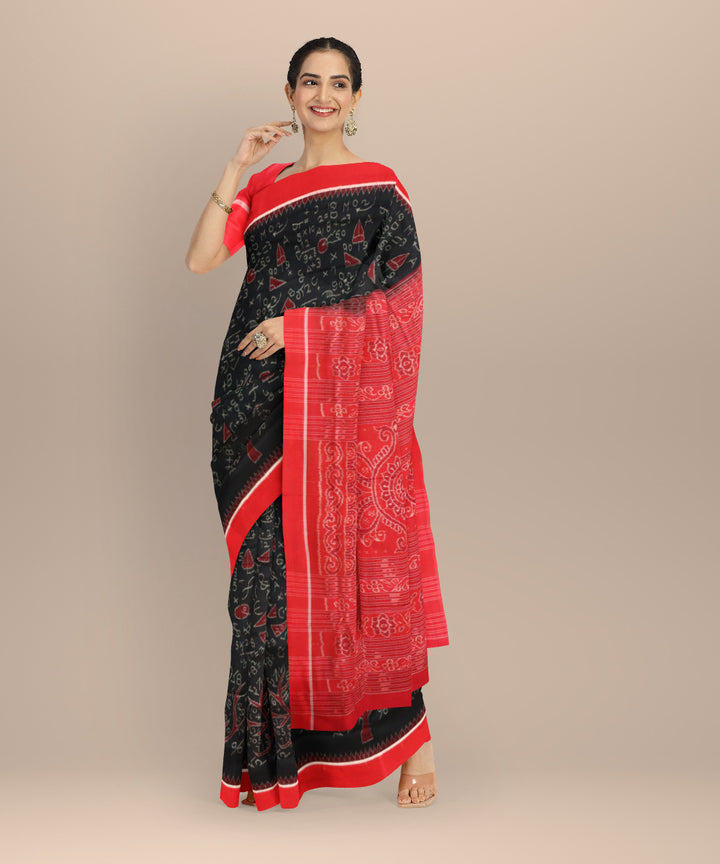 Black dark red cotton handloom sambalpuri saree