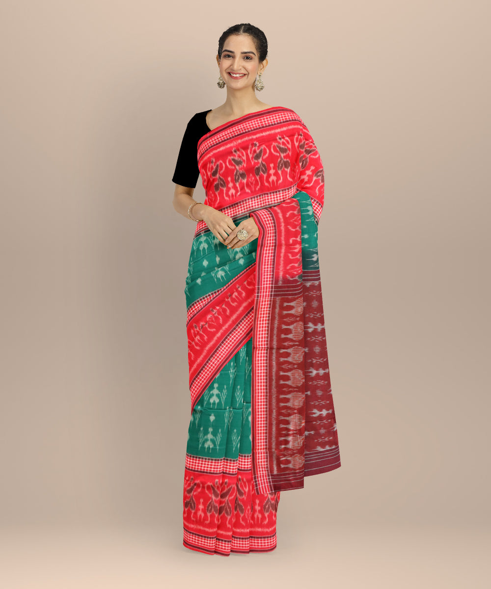 Dark green dark red handloom nuapatna cotton saree