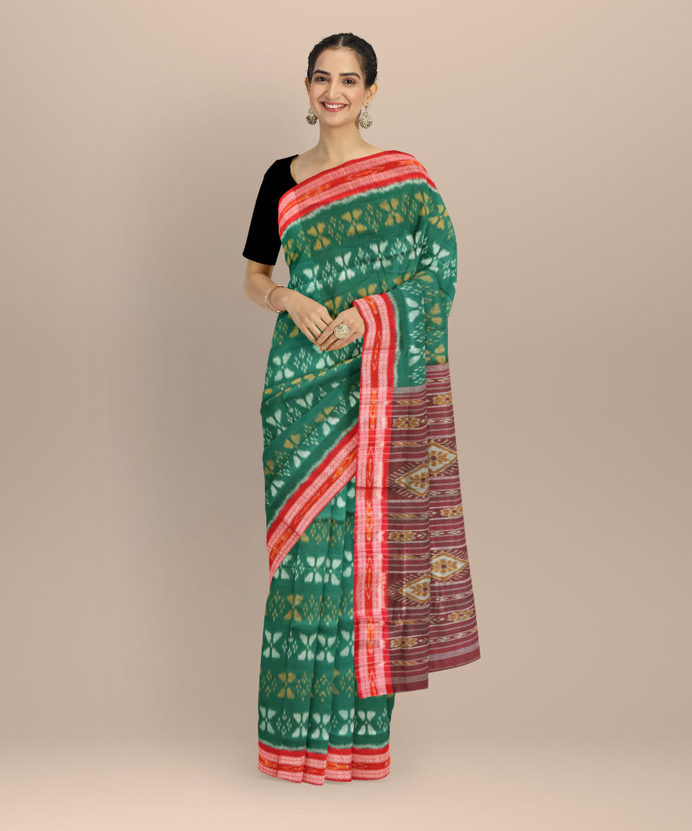 Dark green dark red nuapatna cotton handloom saree