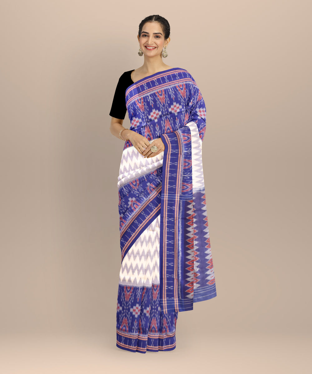 White dark blue handloom cotton nuapatna saree