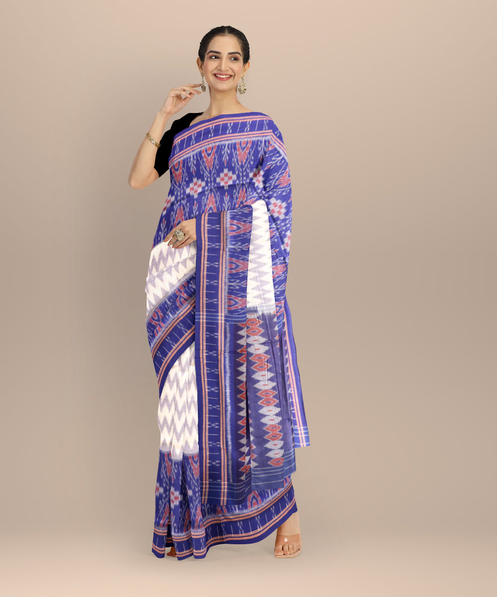 White dark blue handloom cotton nuapatna saree