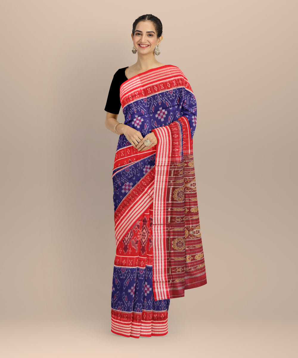 Multicolor dark red handloom nuapatna cotton saree