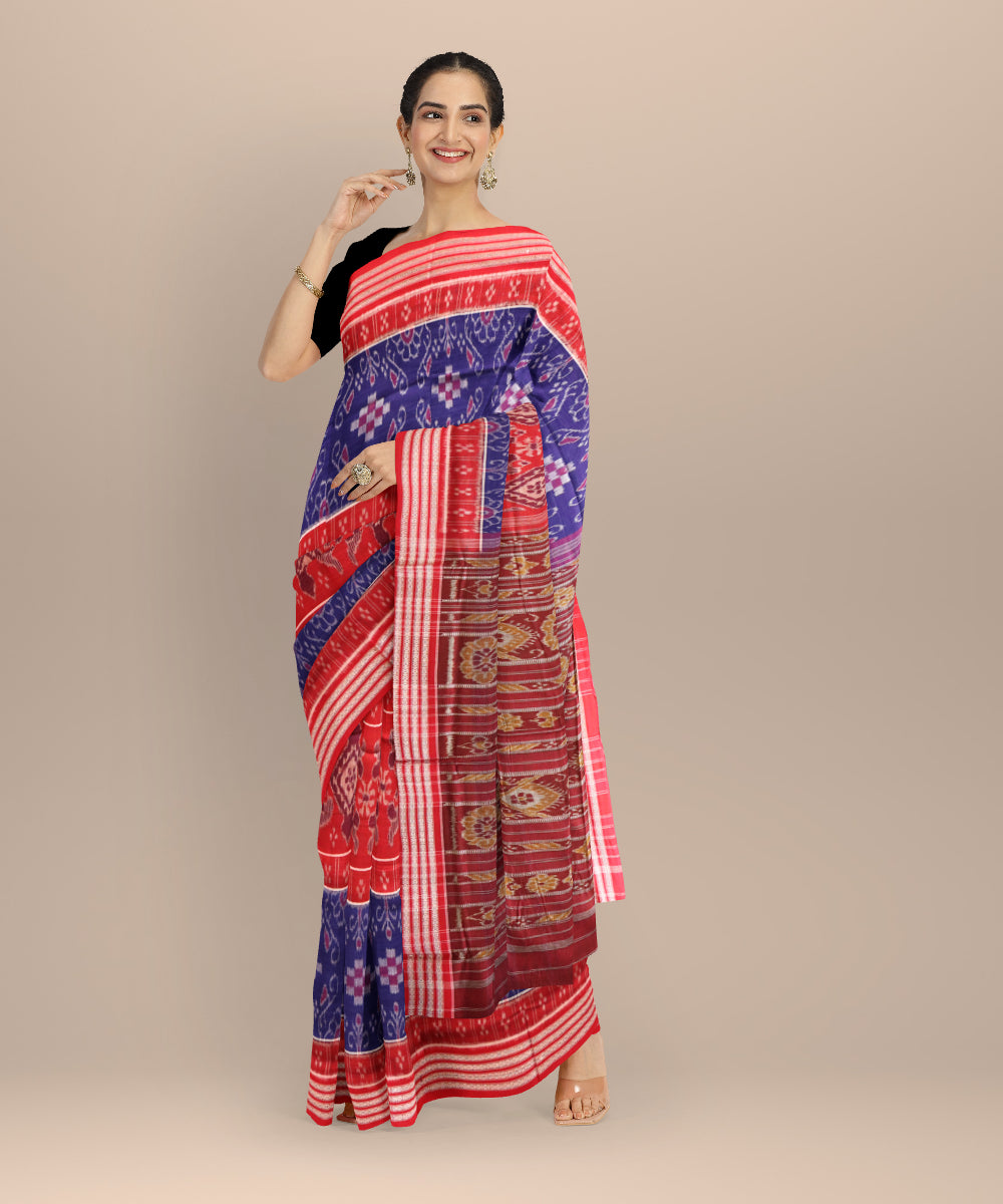 Multicolor dark red handloom nuapatna cotton saree