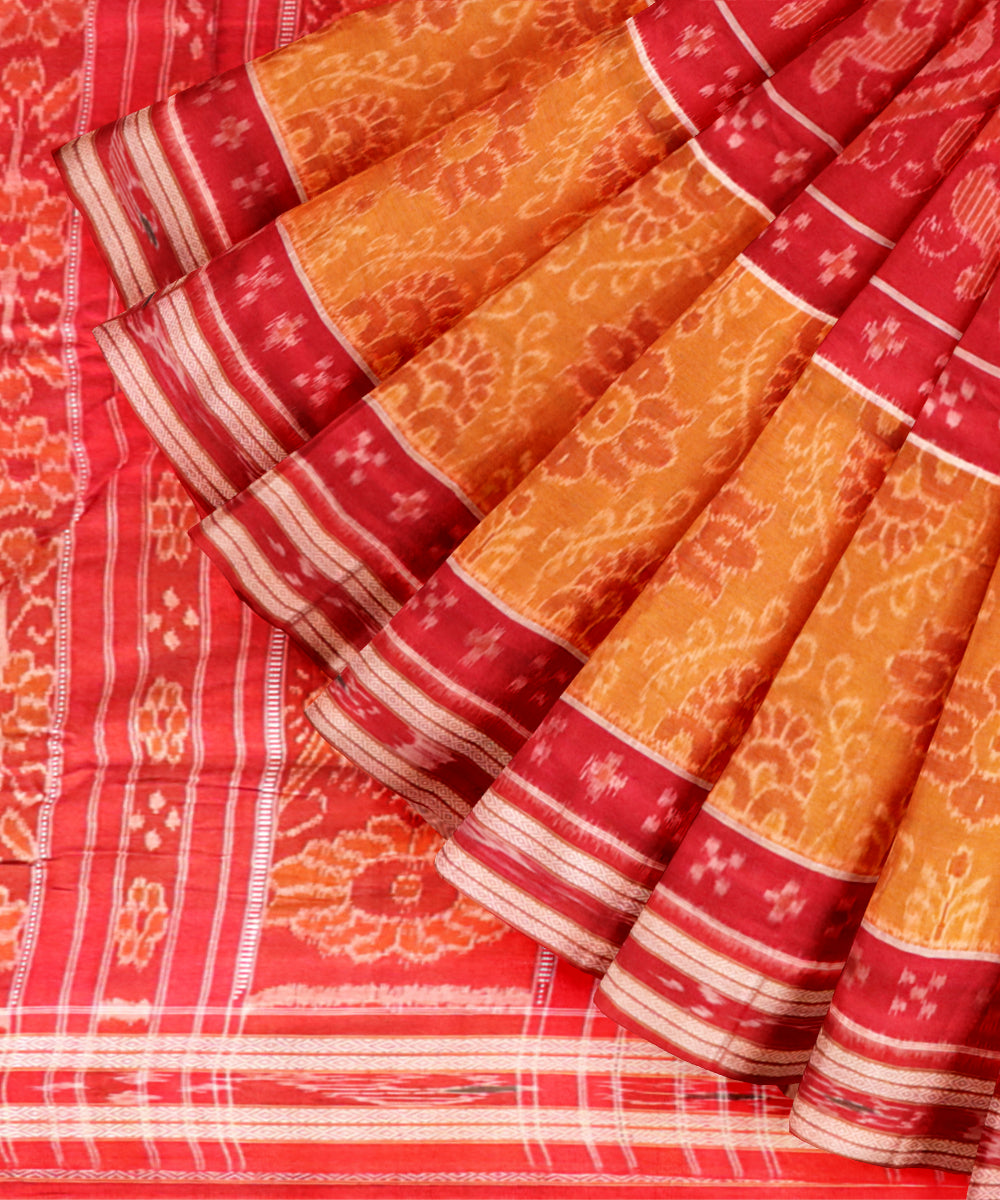 Mustard dark red cotton handloom nuapatna saree