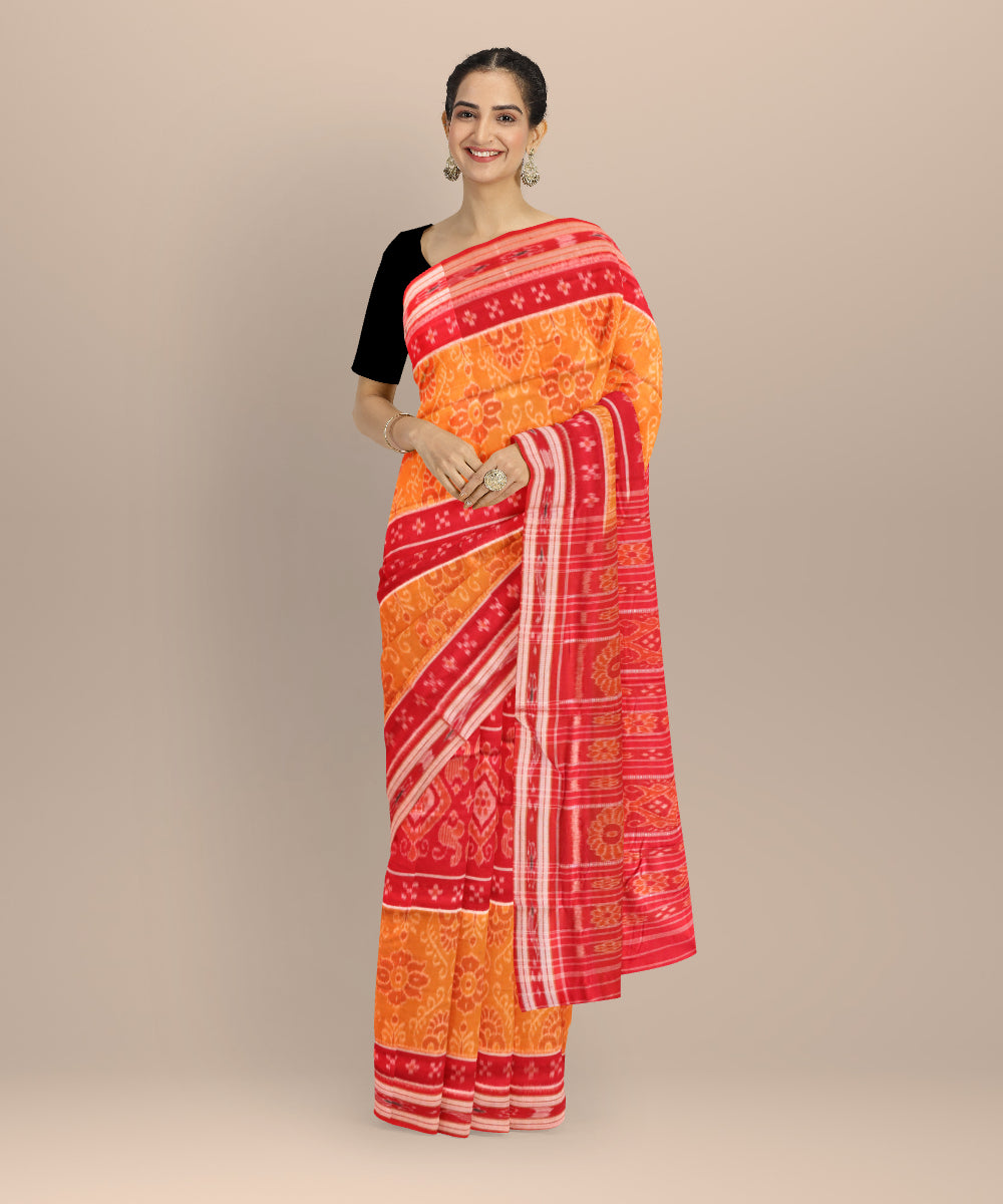Mustard dark red cotton handloom nuapatna saree