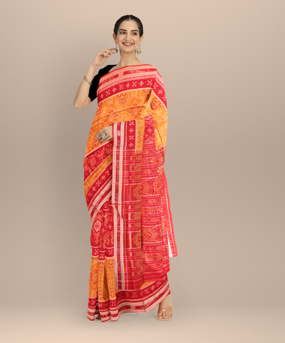 Mustard dark red cotton handloom nuapatna saree