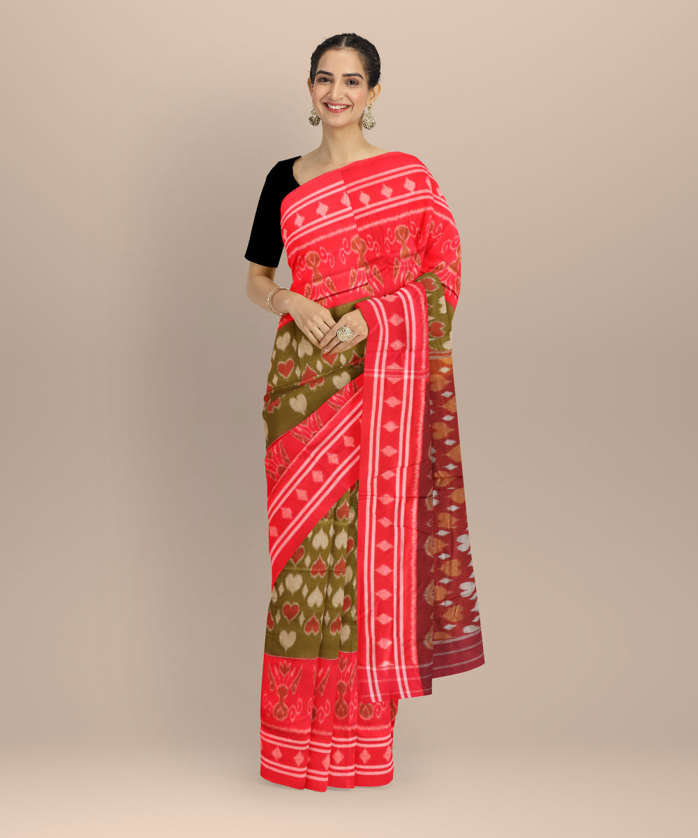Dark green dark red cotton handloom nuapatna saree