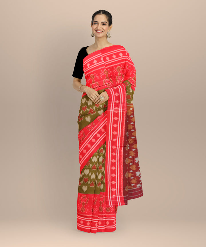 Dark green dark red cotton handloom nuapatna saree