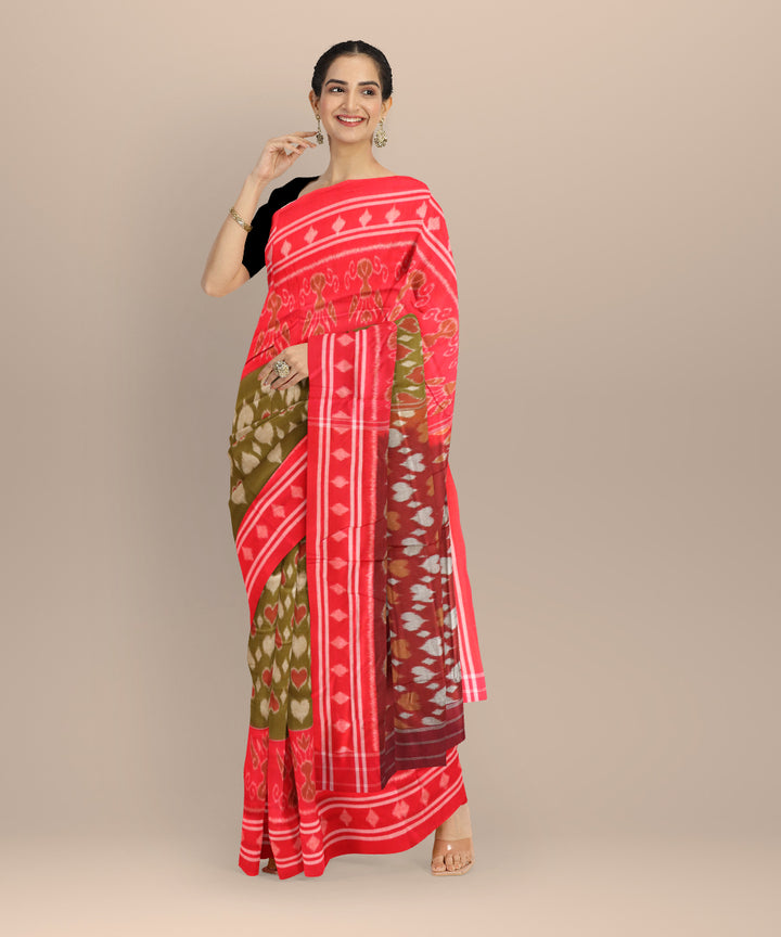 Dark green dark red cotton handloom nuapatna saree