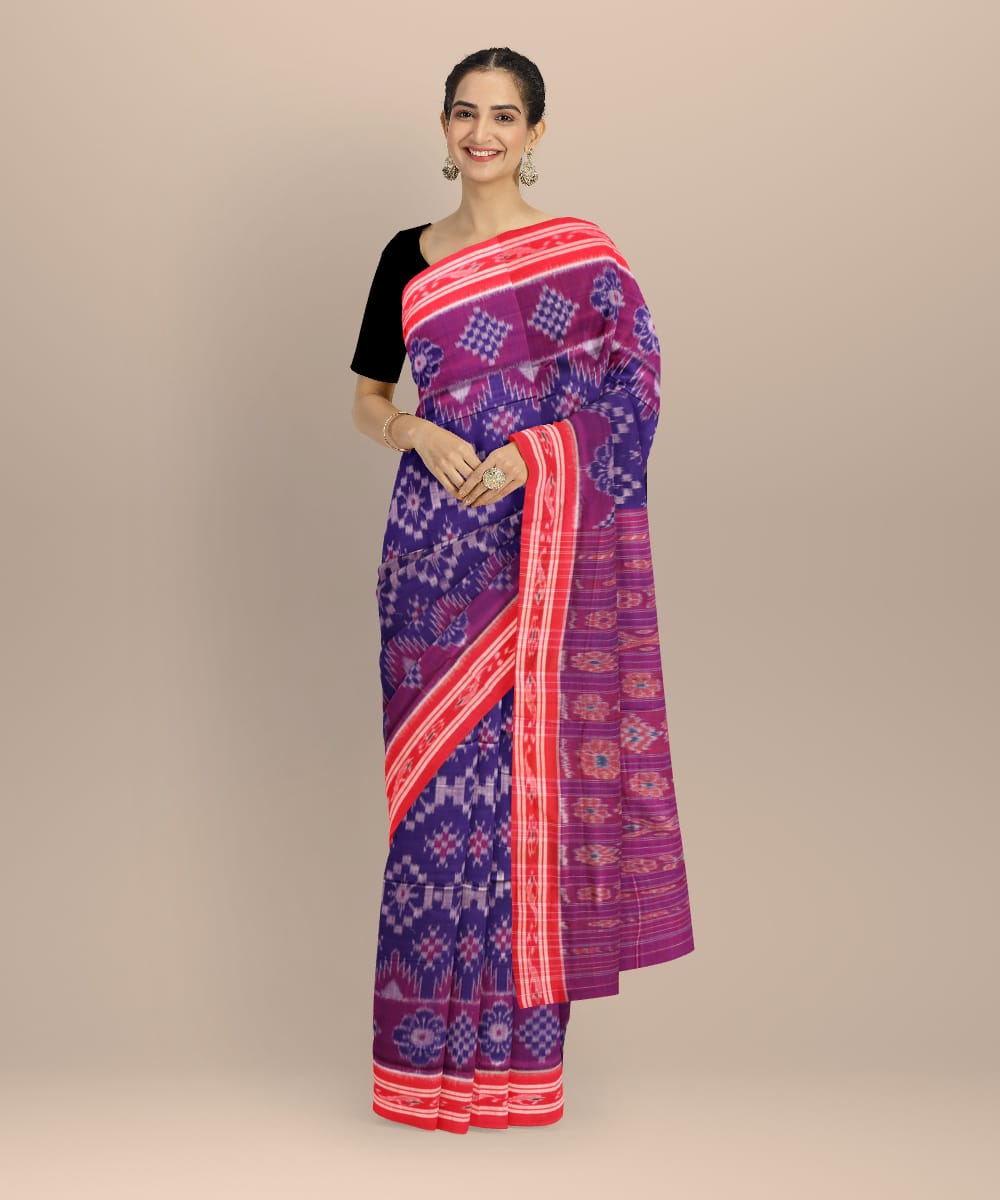 Cyan blue dark red cotton handloom nuapatna saree