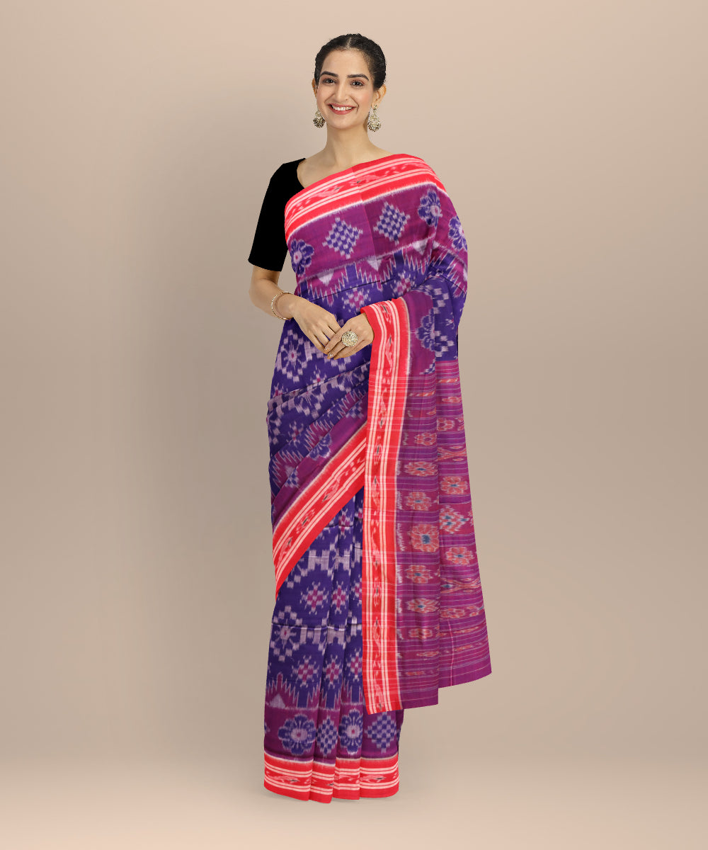 Cyan blue dark red cotton handloom nuapatna saree