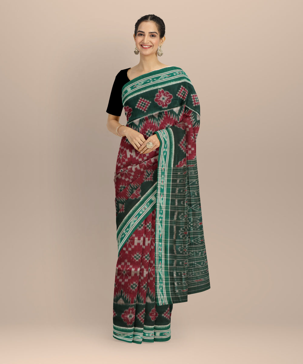 Maroon dark green cotton handloom nuapatna saree