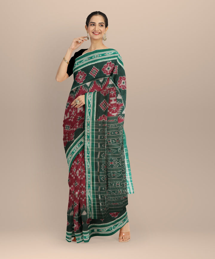 Maroon dark green cotton handloom nuapatna saree