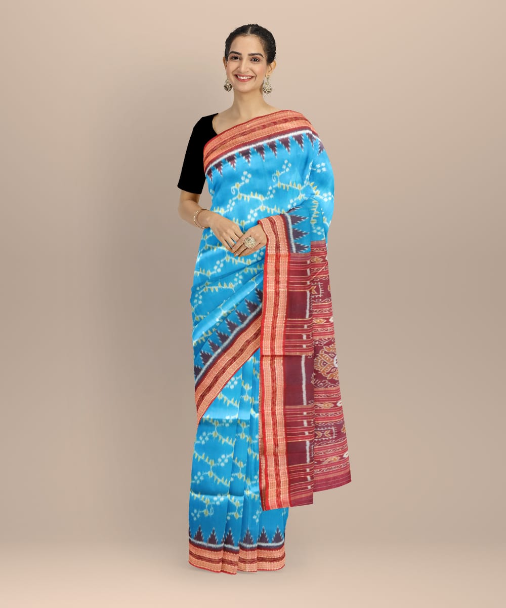 Cyan blue maroon silk handloom nuapatna saree