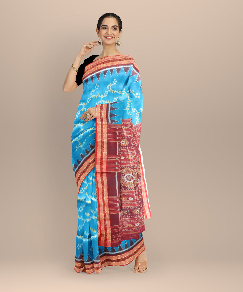 Cyan blue maroon silk handloom nuapatna saree