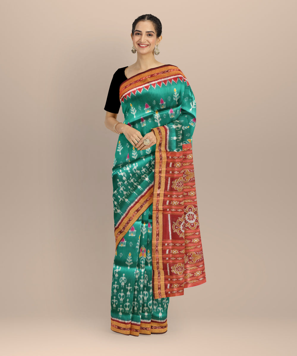 Dark green black bean silk handloom khandua saree