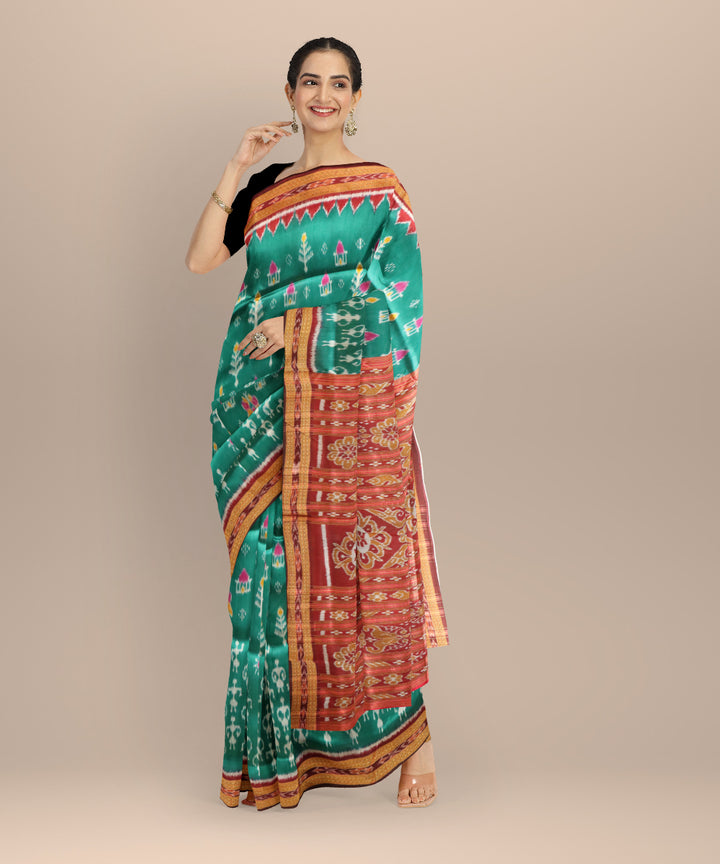 Dark green black bean silk handloom khandua saree