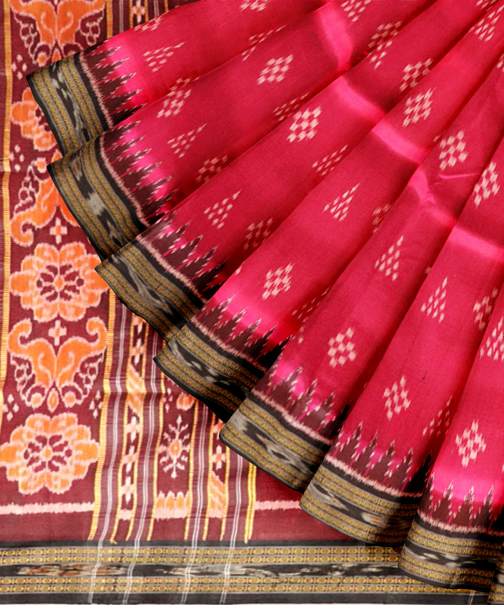 Pink black silk handloom khandua saree