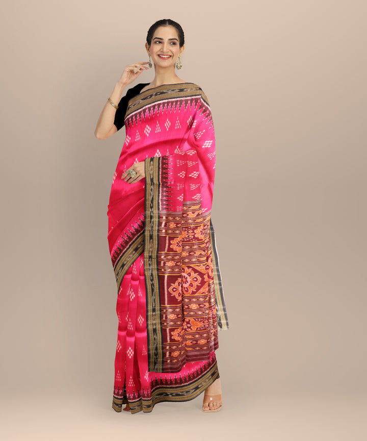 Pink black silk handloom khandua saree