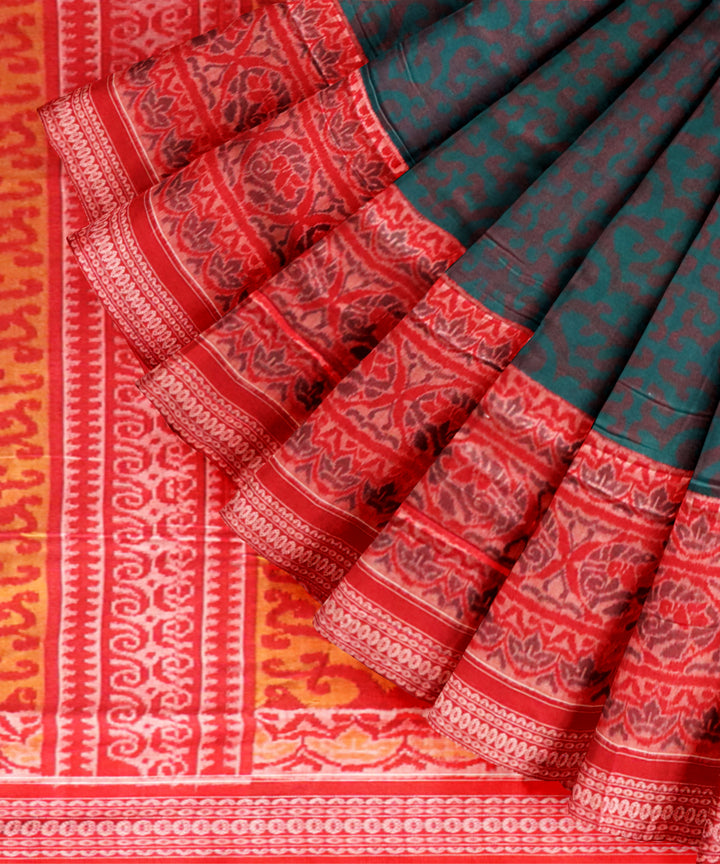 Dark green dark red cotton handloom sambalpuri saree