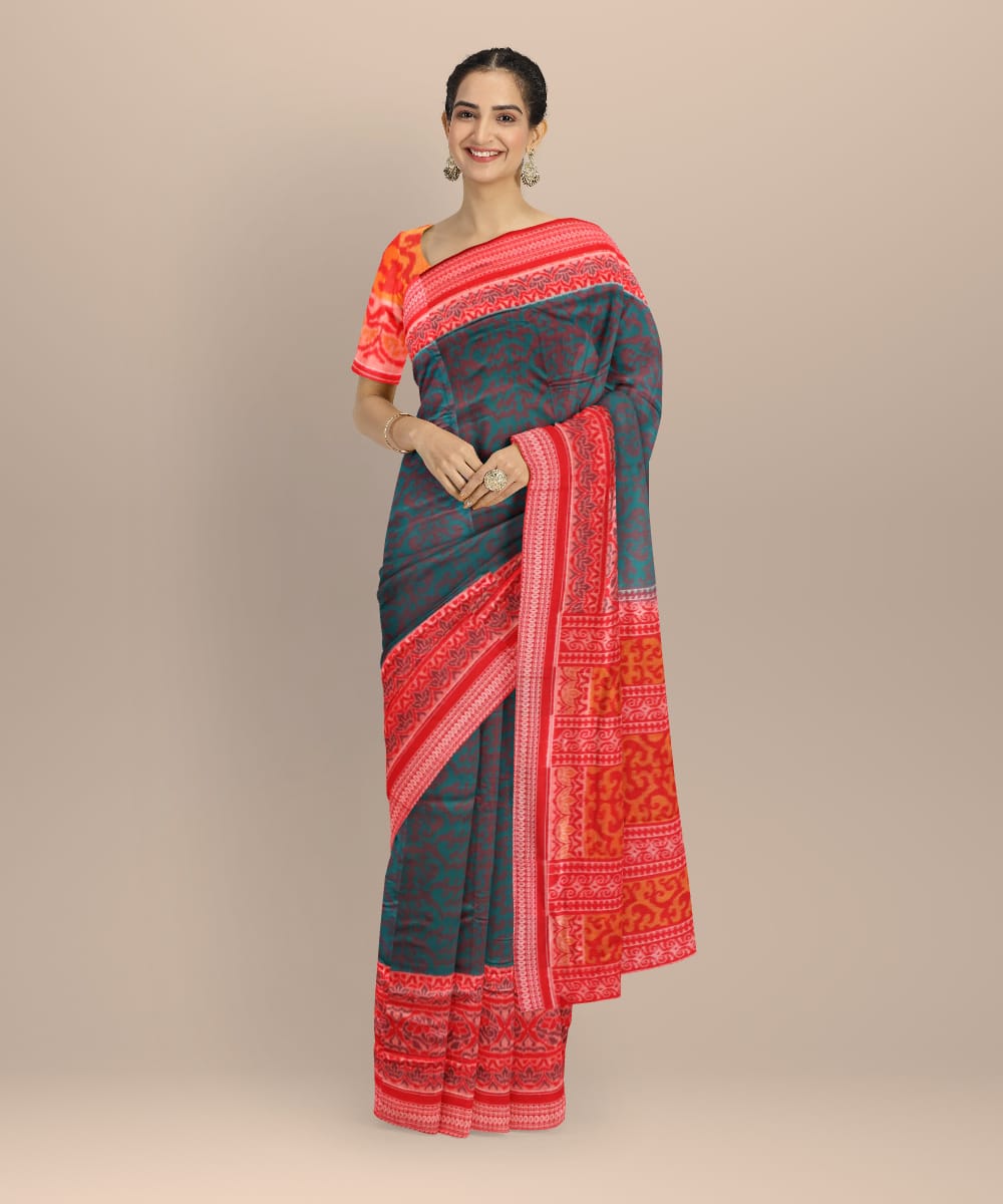 Dark green dark red cotton handloom sambalpuri saree