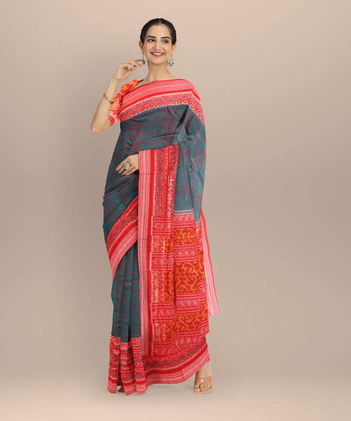 Dark green dark red cotton handloom sambalpuri saree