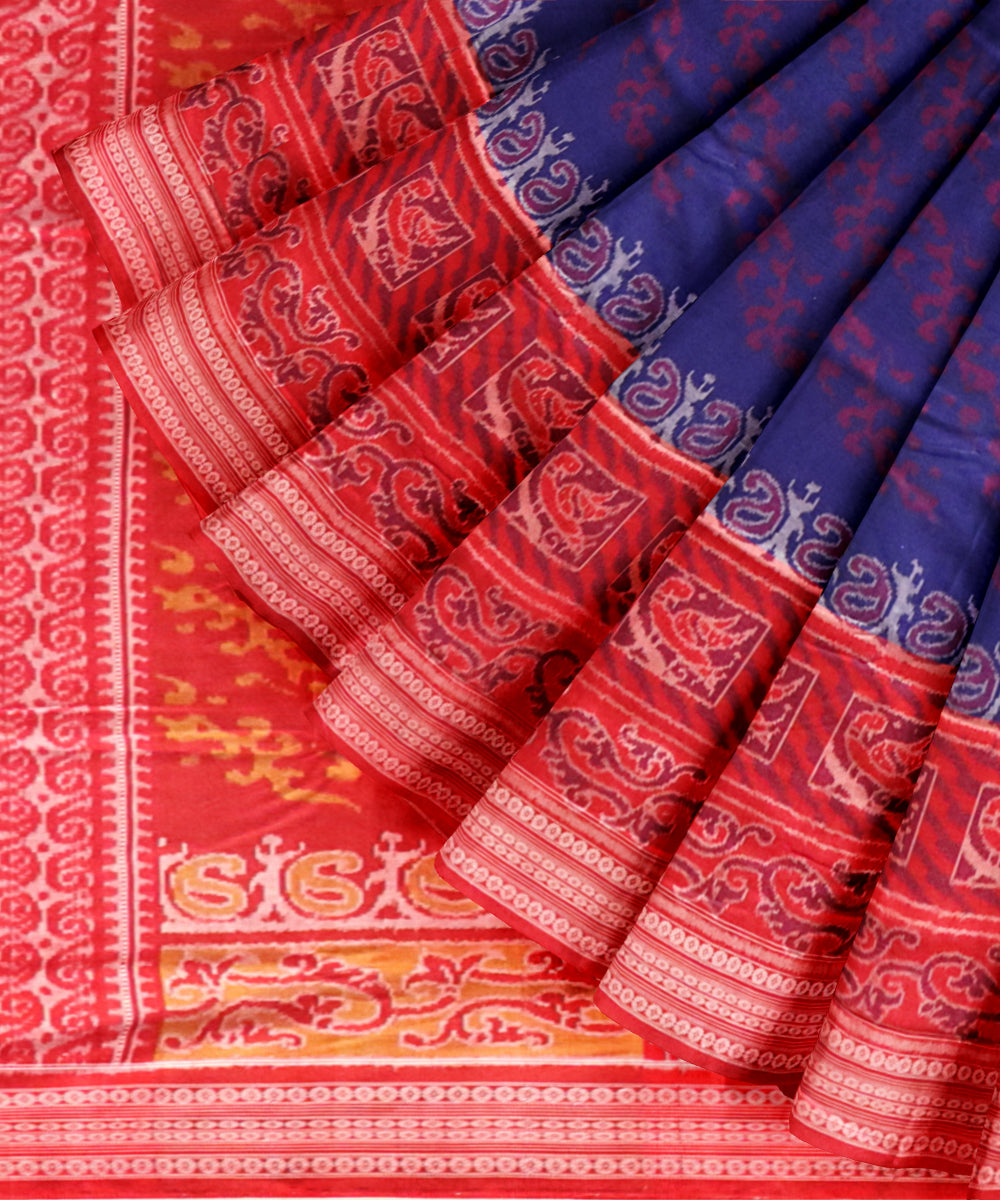 Sky blue dark red cotton handloom sambalpuri saree