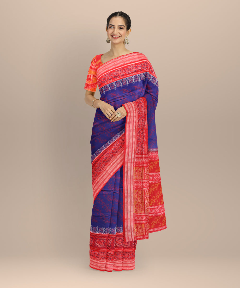 Sky blue dark red cotton handloom sambalpuri saree