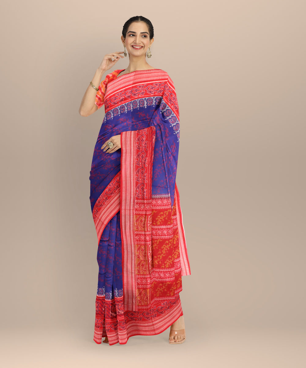 Sky blue dark red cotton handloom sambalpuri saree