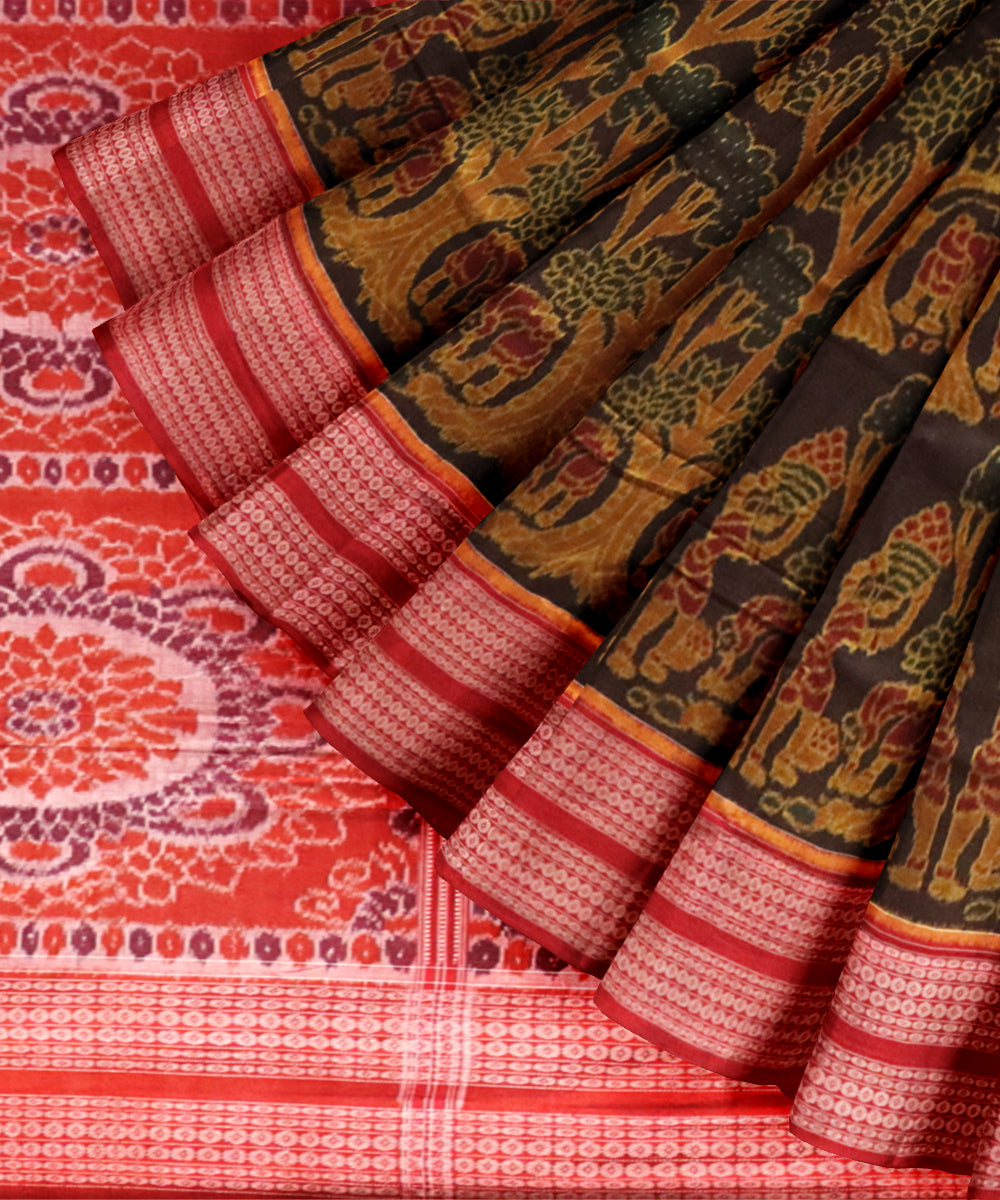 Brown dark red handloom cotton sambalpuri saree
