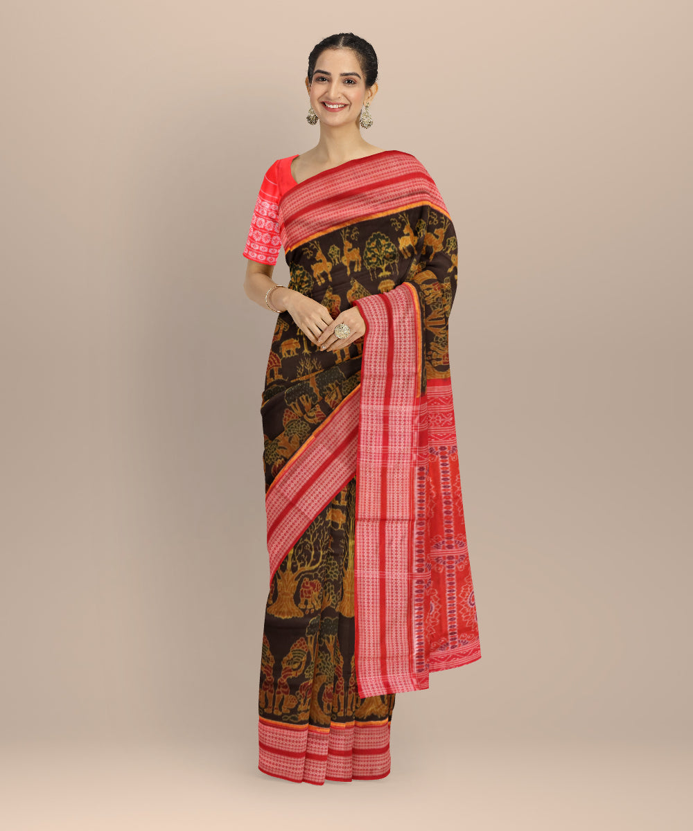 Brown dark red handloom cotton sambalpuri saree