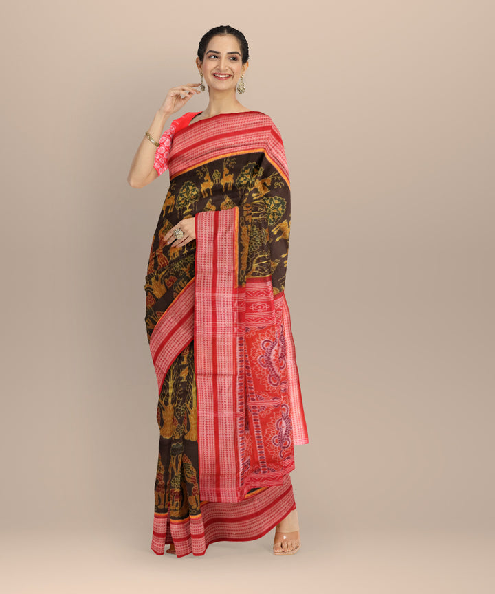 Brown dark red handloom cotton sambalpuri saree