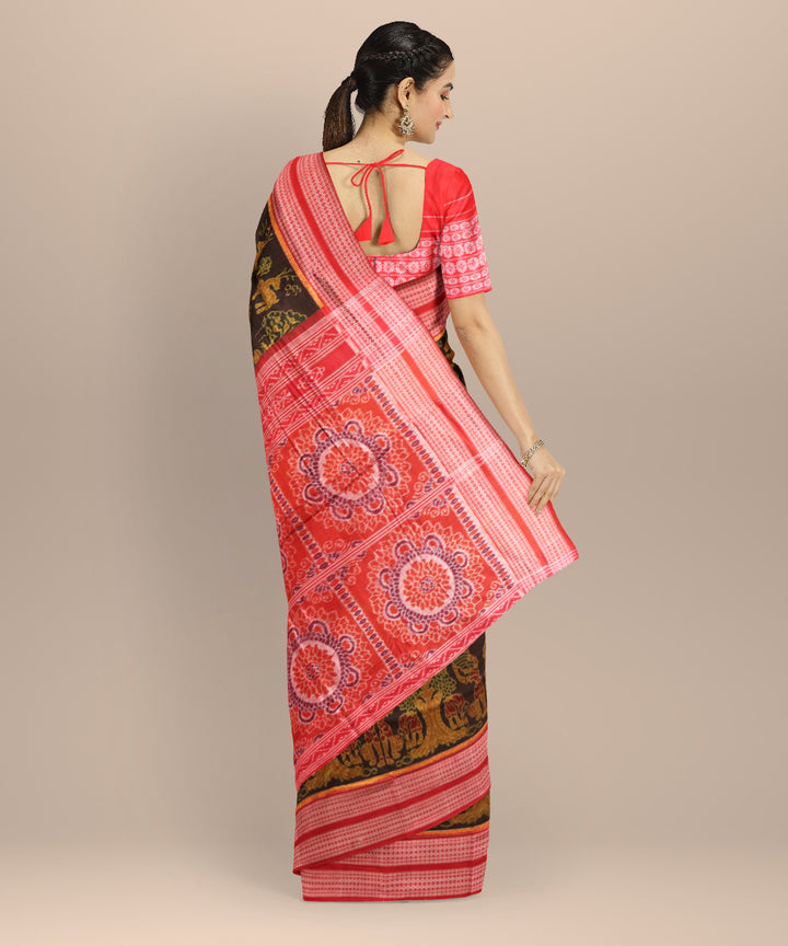 Brown dark red handloom cotton sambalpuri saree