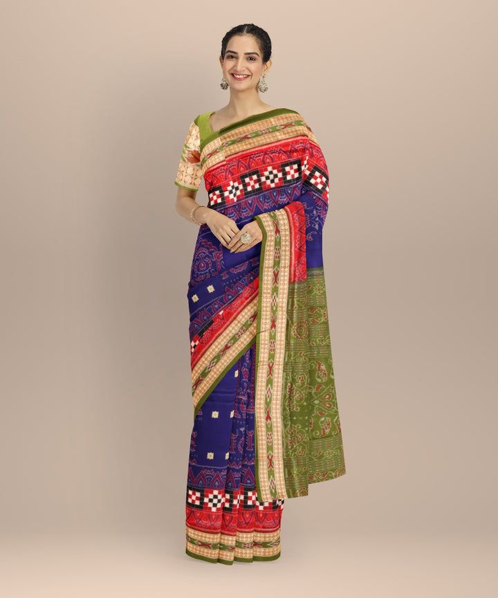 Cyan blue dark moss green cotton handloom sambalpuri saree