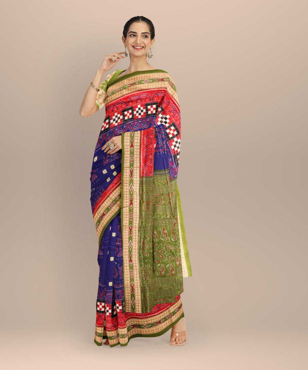 Cyan blue dark moss green cotton handloom sambalpuri saree