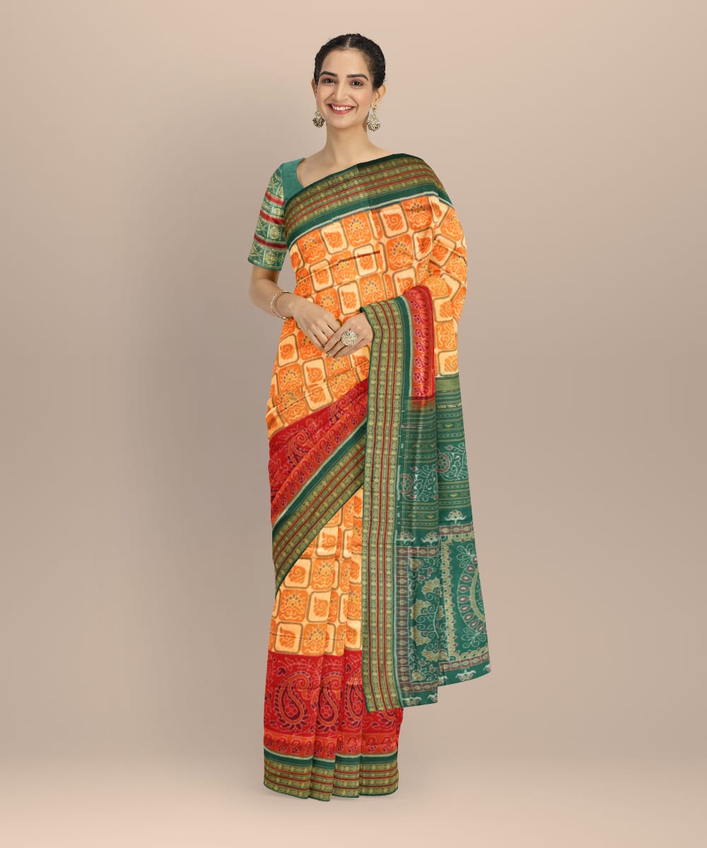 Multicolor dark green cotton handloom sambalpuri saree