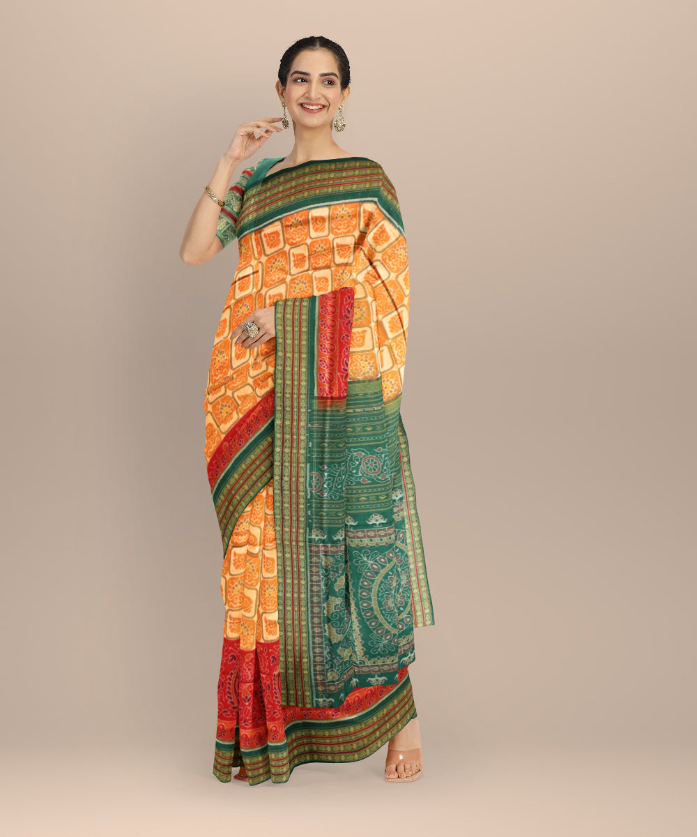 Multicolor dark green cotton handloom sambalpuri saree
